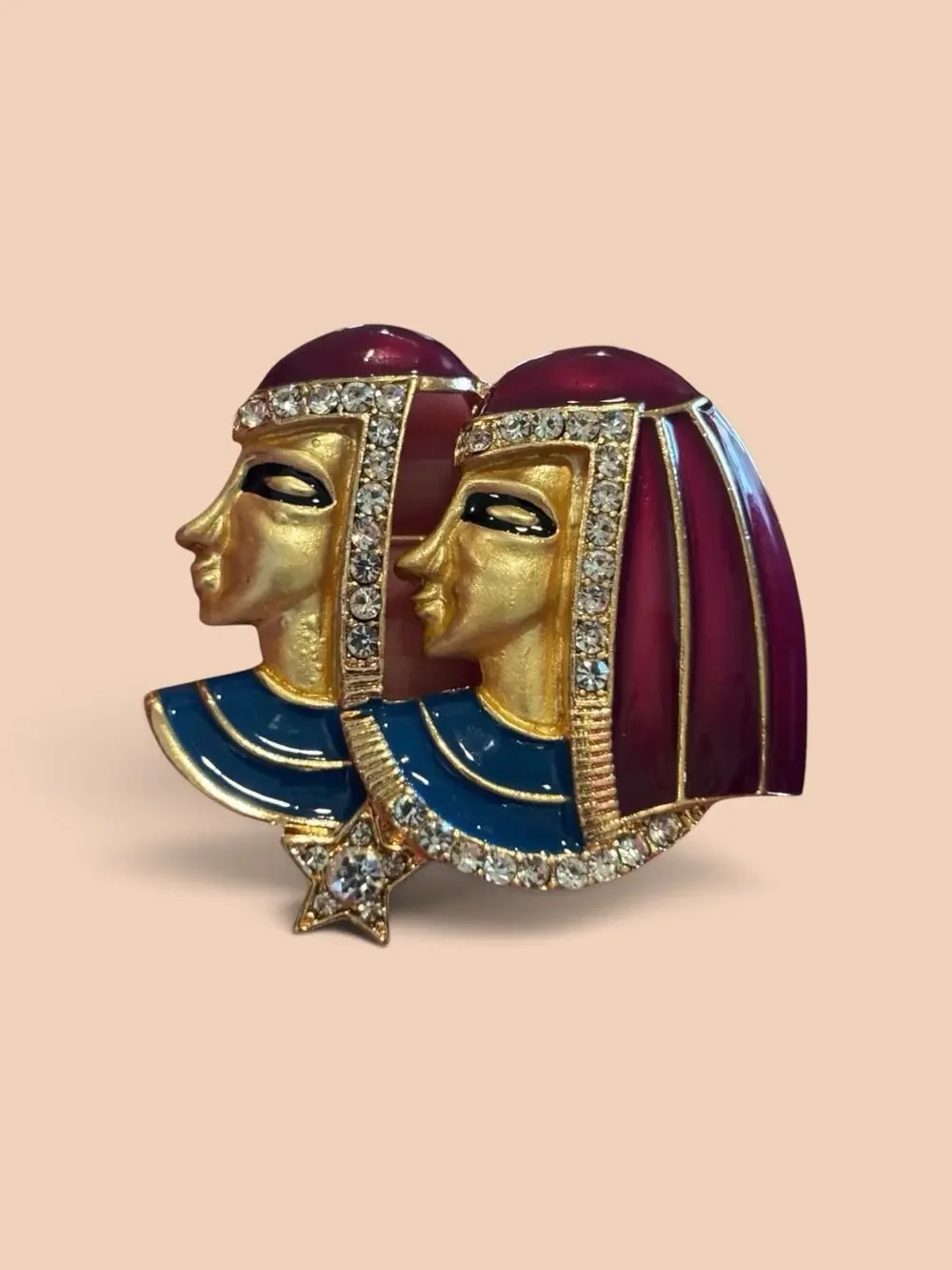 Egyptian Revival Cleopatra Brooch Rhinestone Enamel Gold Tone Statement